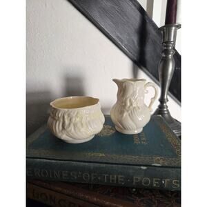 Belleek Ribbon Bow Creamer and Sugar Set Ireland Ivory Parian Porcelain Vintage